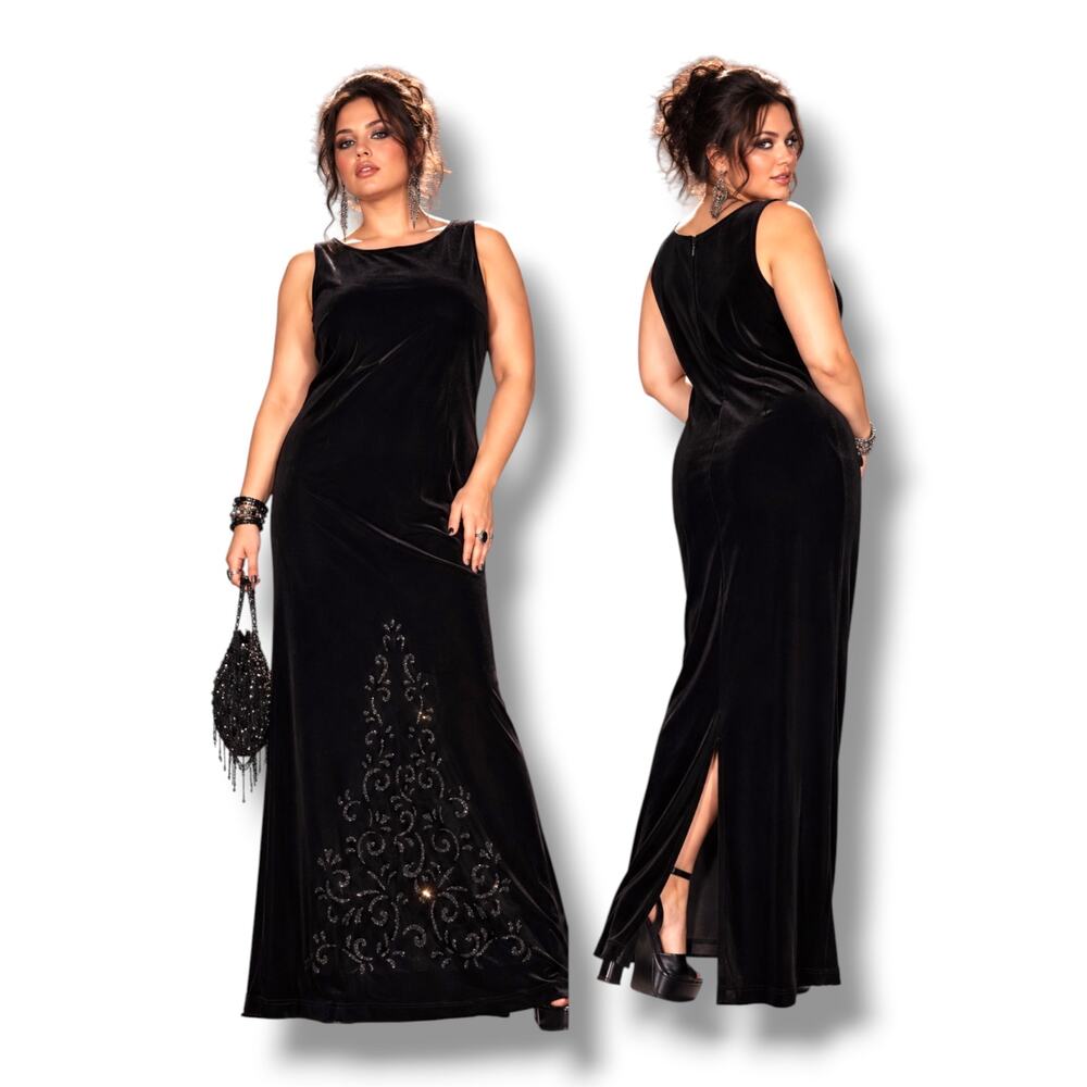 Jessica McClintock Black Velvet Sleeveless Maxi Dress Gown Sparkly Size 16 Vtg